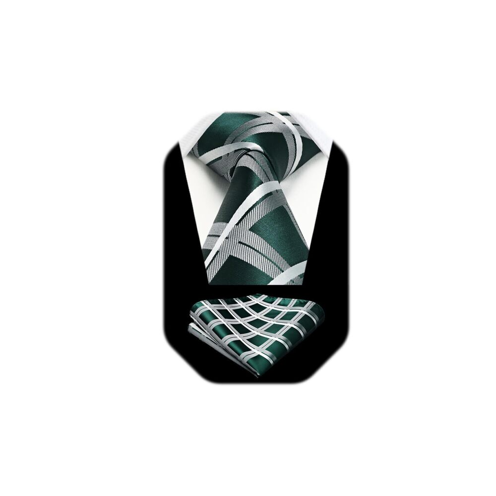 4822 Green Ties Ties with Pocket Square Set Formal Casual Green White Plaid